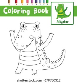 Coloring page of standing alligator animals for preschool kids activity educational worksheet. Vector Illustration.