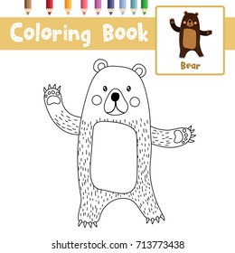 Coloring page of Standing Bear raising two hands animals for preschool kids activity educational worksheet. Vector Illustration.