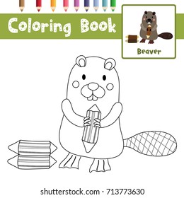 Coloring page of Standing Beaver holding a log animals for preschool kids activity educational worksheet. Vector Illustration.