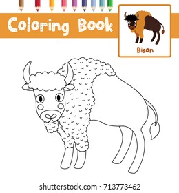 Coloring page of Standing Bison animals for preschool kids activity educational worksheet. Vector Illustration.