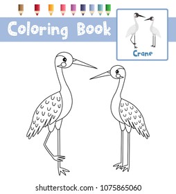 Coloring page of Standing Crane bird animals for preschool kids activity educational worksheet. Vector Illustration.