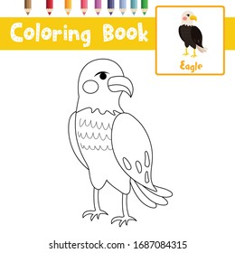 Coloring page of Standing Eagle animals cartoon character for preschool kids activity educational worksheet. Vector Illustration.