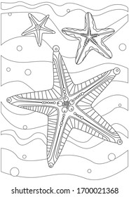 Coloring page with starfish and many small details for anti-stress therapy for adults and children. Black outline vector stock illustration with a sea animal or star on a white background for print