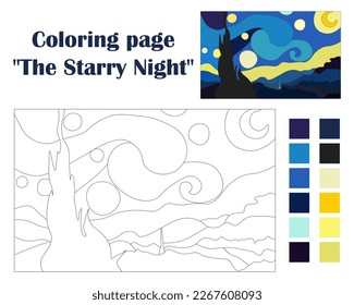 Coloring page The Starry Night based on Vincent van Goghs painting