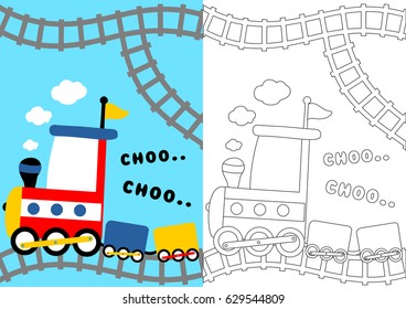 coloring page with steam train and railway, vector cartoon illustration