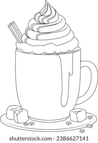 Coloring page a steaming mug of hot cocoa with marshmallows.