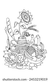 Coloring page. Still life. Sunflower in vase, food, fruits on plate, cheese, meat, egg, bottle. Coloring book. Hand drawn vector illustration