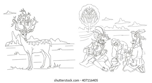 Coloring page Stories of Baron Munchausen. Deer, on the head of which has grown cherry tree. Baron Myungauzen tells friends about his exploits.