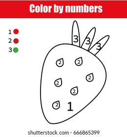 Coloring page with strawberry. Color by numbers educational children game, drawing kids activity, printable sheet. For pre school age