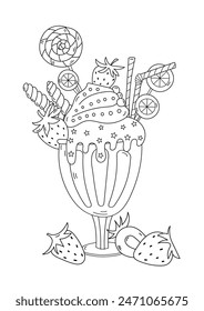 Coloring Page - Strawberry Milkshake With Lots Of Decorations Is An Adult Anti-Stress Coloring Activity