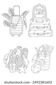 Coloring Page, Stress Relief Coloring For Adults And Kids, Tourism - Suitcases, Camera And Everything For The Beach