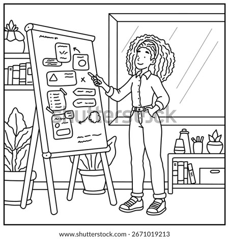 Coloring Page of a Student Presenting at a Whiteboard in an Office Setting