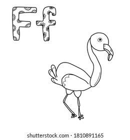 Coloring page for study letter F, outline illustration  of flamingo and volumetric letters with patterns, vector art for design and creativity
