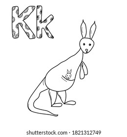 Coloring page for study letter K, outline illustration  of Kengaroo and volumetric letters with patterns, vector outline illustration for design and creativity