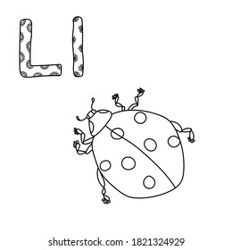 Coloring page for study letter L, outline illustration  of ladybug and volumetric letters with patterns, vector outline illustration for design and creativity