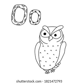 Coloring page for study letter O, outline illustration  of owl and volumetric letters with patterns, vector outline illustration for design and creativity
