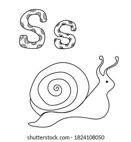 Coloring page for study letter S, outline illustration  of snail and volumetric letters with patterns, vector outline illustration for design and creativity