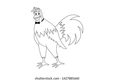 Coloring Page - Stylish Rooster Cartoon Character Wearing a Bow.