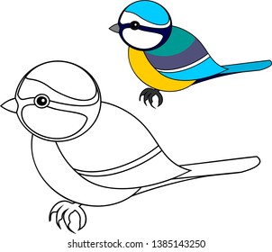 Coloring page. Stylized Eurasian blue tit (Cyanistes caeruleus) in flat style