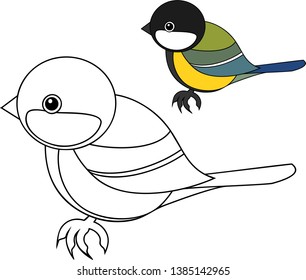  Página colorear. Magnífico estilizado (Parus major) en estilo plano
