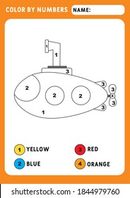 Coloring page with submarine. Color by numbers educational children game, drawing kids activity. transport  theme. Illustration and vector outline - A4 paper ready to print.
