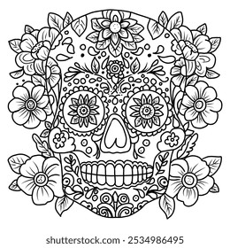 Coloring page sugar skull for adult. Hand drawn vector illustration for Day of the Dead. 