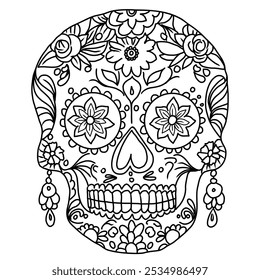 Colorir crânio de açúcar página para adulto. Ilustração vetorial desenhada à mão para o Dia dos Mortos. 