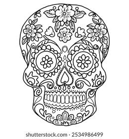 Coloring page sugar skull for adult. Hand drawn vector illustration for Day of the Dead. 