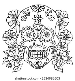 Coloring page sugar skull for adult. Hand drawn vector illustration for Day of the Dead. 