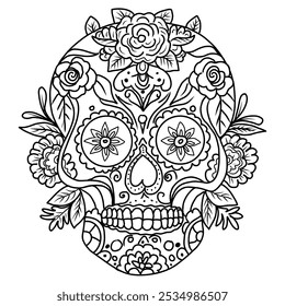 Coloring page sugar skull for adult. Hand drawn vector illustration for Day of the Dead. 