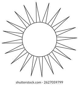 Coloring page with summer outline drawing of sun with rays in the shape of pointed elongated triangles. Many ray. For entertaining kids, summertime, seasonal, weather, outdoor black and white design.