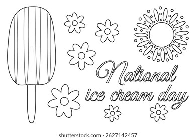 Página colorida com desenho de contorno de verão com sorvete de fruta de picolé em vara, flores e sol. Dia Nacional do Sorvete. Para entreter crianças, sobremesa de verão, banner preto e branco de celebração