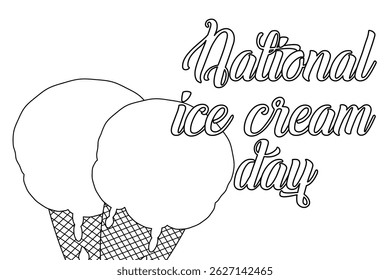 Coloring page with summer outline drawing ice cream with drips and drops in a waffle cone. National Ice Cream Day. For entertaining kids, summertime dessert, celebration black and white design banner.