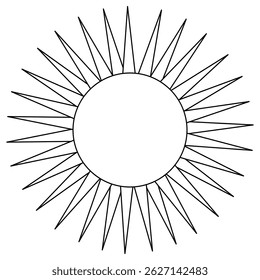Coloring page with summer outline drawing of sun with pointed rays in the shape of elongated triangles. Many ray. For entertaining kids, summertime, seasonal, weather, outdoor black and white design.