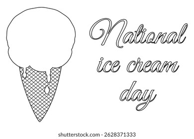 Coloring page with summer outline drawing of ice cream with drips and drops in a waffle cone. National Ice Cream Day. For entertaining, summertime dessert, or celebration black and white design banner