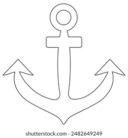 Coloring page with summer outline vector drawing of metal vintage sea ship anchor. A steel anchor. Ideal for entertaining kids, summertime, nautical, maritime, ocean and sea black and white design.