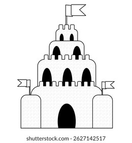 Coloring page with summer outline vector drawing of child sand castle with flags. Children game. Ideal for entertaining kids, summertime, beach, and outdoor activity black and white design, DIY craft.