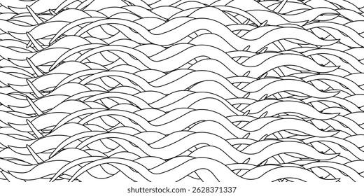 Coloring page with summer outline vector drawing of abstract ocean water waves background. A aqua pattern. Ideal for entertaining kids, beach, seasonal, summertime, and aquatic black and white design.