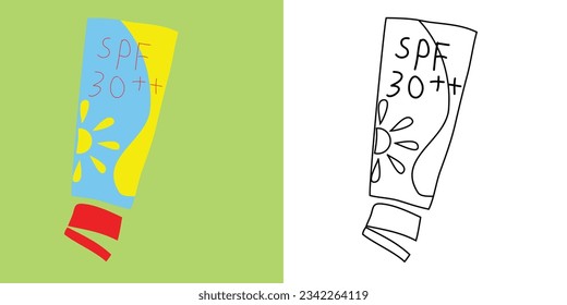 Farbseite mit Sommerthema. Färben der SPF-Röhre. Spaß für Kinder. Bilddruckfähige Farbtabelle. Farbaktivität für Kinder. Vektorgrafik.