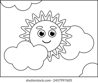 Coloring page. Sun with clouds in sky. Black and white sun. Color me. Isolated vector illustration eps 10