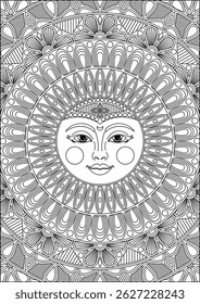 Coloring Page Sun Face Mandala Line Art