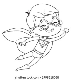 Coloring Page of Super Hero Children. Boys and Girls wearing costumes of superheroes Coloring book. Cartoon vector characters of Kids Superheroes