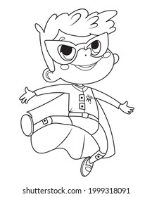 Coloring Page of Super Hero Children. Boys and Girls wearing costumes of superheroes Coloring book. Cartoon vector characters of Kids Superheroes