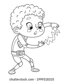 Colorante página de niños superhéroes. Niños y niñas usando disfraces de superhéroes Colorando libro. Personajes vectores de dibujos animados de niños superhéroes