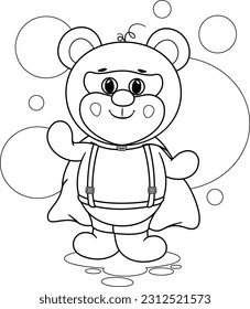 Colorido de la página. Superoso: Ilustración vectorial divertida de un oso-niño en una capa de superhéroe