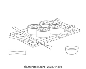 Coloring page Sushis rolls, wooden board with chopsticks, soya souse. Asian food Vector illustration