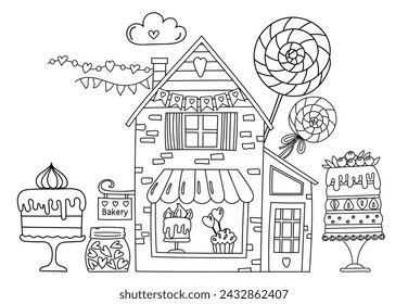 Página Para Colorear - Ilustración De Panadería Dulce Con Un Montón De Dulces, Pasteles, Caramelos - Libro Para Colorear Para Niños