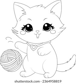 Coloring page a sweet kitten chasing a ball of yarn