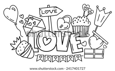 Coloring Page - Sweet Valentine'S Day Love Illustration With Candies And Hearts, A Coloring Book For February 14Th