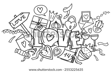 Coloring Page - Sweet Valentine'S Day Love Illustration With Candies And Hearts, A Coloring Book For February 14Th